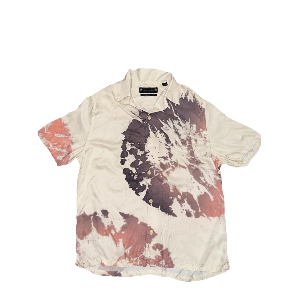 All Saints Tye Dye Short Sleeve Button Down Ecovera Relaxed Fit Shirt Mens Sz M